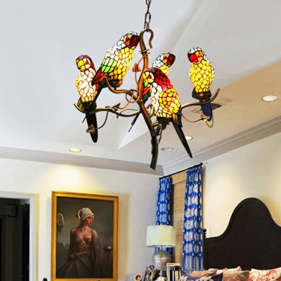Tiffany Style Wrought Iron Chandelier Parrot Pendant Light Colorful Glass Shade Light for Sitting Room