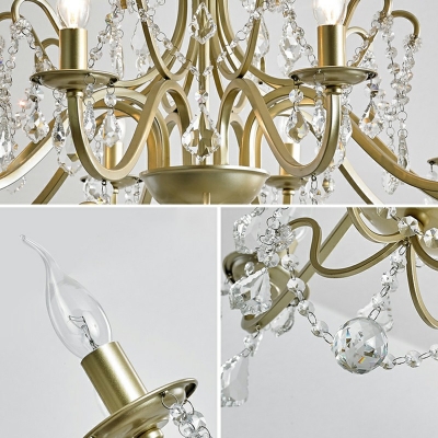 Traditional Gold Metal Hanging Pendant Light Crystal Candlestick Chandelier for Sitting Room