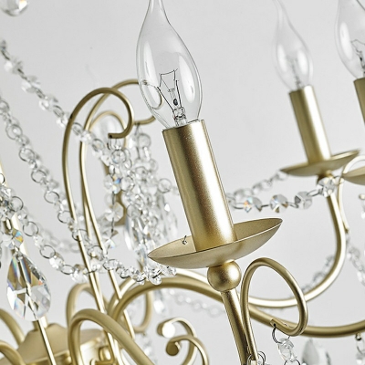 American Style Clear Crystal Drops Chandelier Light Gold Candlestick Pendant Light Fixture for Living Room
