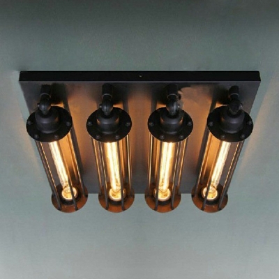 Industrial Style Flute Shaped Semi Flush Mount Light Metal Cylinder Shade 4 Light Ceiling Light