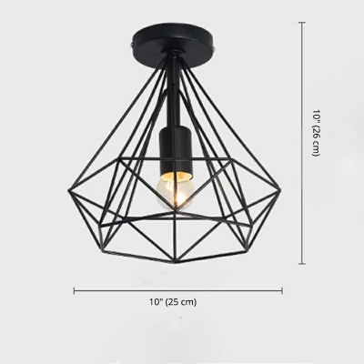 Industrial Style Wire Cage Shaped Semi Flush Mount Light Metal 1 Light Ceiling Light in Black for Coffee Shop