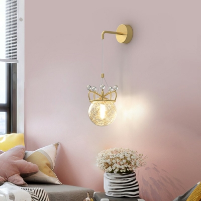 Minimalist 1-Head Gold Armed Wall Sconce Double Crown and Glass Wall Mount Ball Lamp