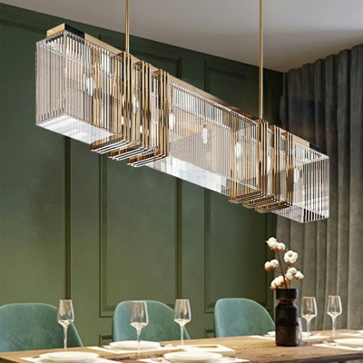 Modern Style Simple Rectangle Shade Island Pendant Crystal 10 Light Island Light for Restaurant