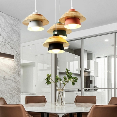 Nordic Style LED Hanging Light Macaron Metal Wood Modern Pendant Light for Dinning Room