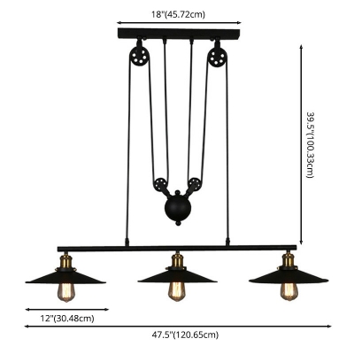 Pulley 3 Head Billiard Light in Balck Cone Shade with Wire for Pool Table Kitchen Island