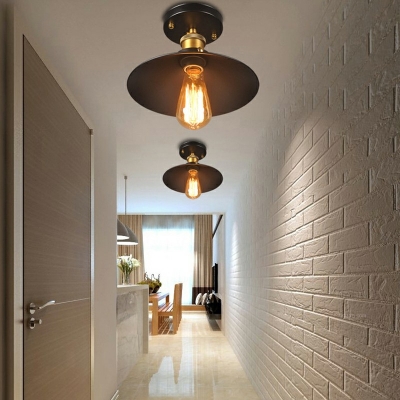 Vintage Style 1 Light Black Semi Mount Light Conical Metal Flush Mount Ceiling Fixture for Aisle Corridor