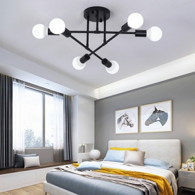 Bedroom Semi Flush Ceiling Light Postmodern Metal 6 Bulbs Flush Chandelier in Black