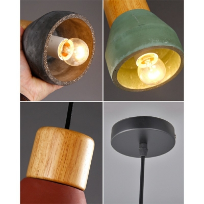 Child's Bedroom Pendant Light Single Bulb Cement & Wood Hanging Lamp for Hallway