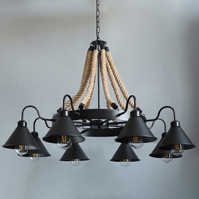 Industrial 37.5''W Large Chandelier with Rope and Cone 8 Light Metal Shade in Black