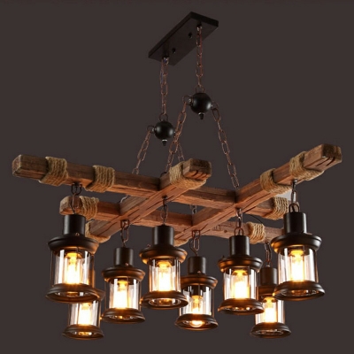 Industrial Style Cylinder Chandelier Light  8 Lights Wood Suspension Pendant Light for Coffee Shop Restaurant