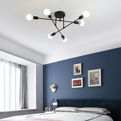 Modern Metallic 6 Lights Starburst Semi Flushmount with Open Bulb Ceiling Flush Mount for Living Room