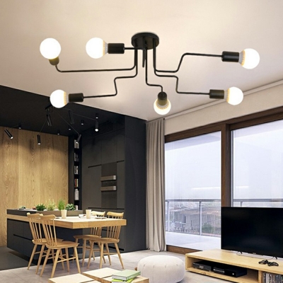 Pipe Semi Flush Ceiling Light in Wrought Iron Retro Style Black Finish Living Room Ceiling Light