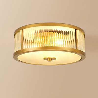 Traditional Style Golden Drum Shaped Ribbed Glass Ceiling Light for Living Room