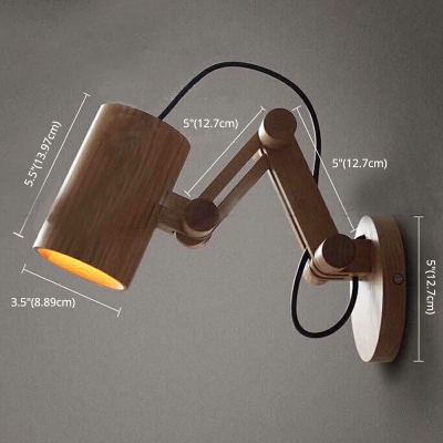 Wooden Finish Cylinder Wall Lighting Modern 1 Head Iron Wall Lamp Fixture with Wooden Swing Arm