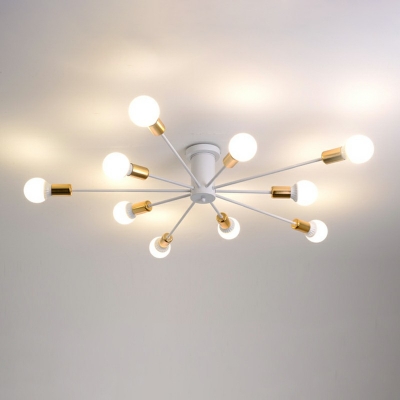 10-Light Flush Light Fixtures Industrial Style Exposed Bulb Metal Ceiling Mount Chandelier