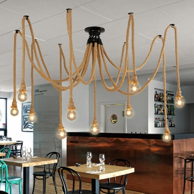 10-Light Industrial Rope-Hung Pendant Ceiling Lights Swag Pendant Light with Browns