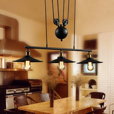3-Head Saucer Shade Island Light Liftable Industrial Retro Style Suspended Lighting Fixture in Black