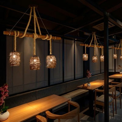 Asian Style Molecule Island Lighting 3 Lights Brown Rope Cylinder Shape Kitchen Bar Pendant Lamp
