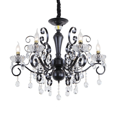 Curved Arm Chandelier Light Crystal 5 Heads Suspended Lighting Fixture in Black