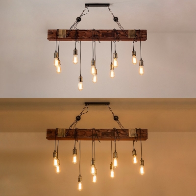 Distressed Wood Industrial Style Linear Island Chandelier Lights Wood Island Light for Restaurant Bar