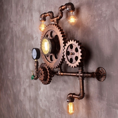 Industrial Style Clock Pipe Wall Lamp Metal 3 Light Wall Light for Restaurant