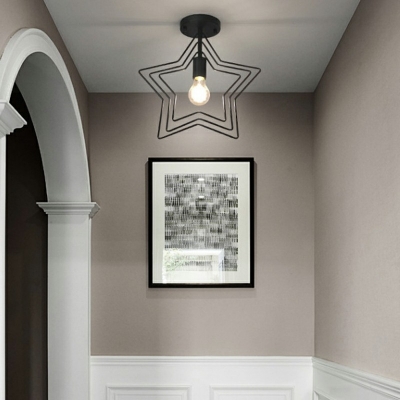 Industrial Style Star Shaped Semi Flush Mount Light Metal 1 Light Ceiling Light in Black for Porch