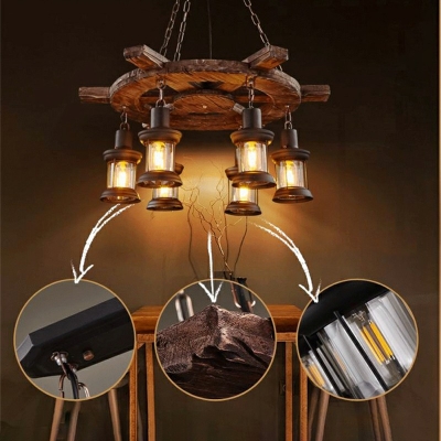 Industrial Vintage Marine Style Multi Light Pendant Wood 6 Light Hanging Lamp for Restaurant