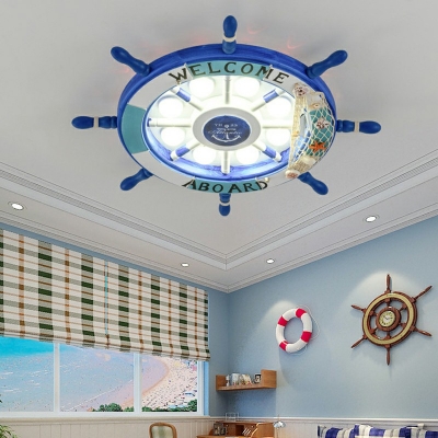 Kid's Room Ceiling Flush Light with Rudder Wood Shade Nautical 2.5