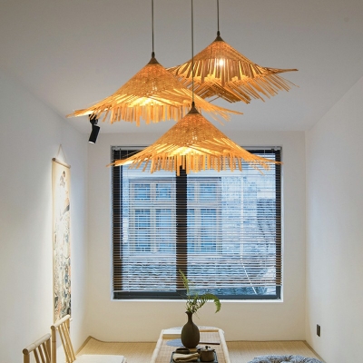 Modern Style Bamboo Pendant Light Straw Hat Shaped Handmade Hanging Light for Homestay
