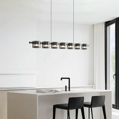 Modern Style Simple Cylinder Shade Island Pendant Glass 7 Light Island Light in Black for Restaurant