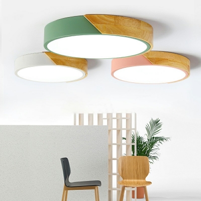 Nordic Style Macaron Wood Ceiling Light Acrylic Round Flush Mount Light for Children's Room
