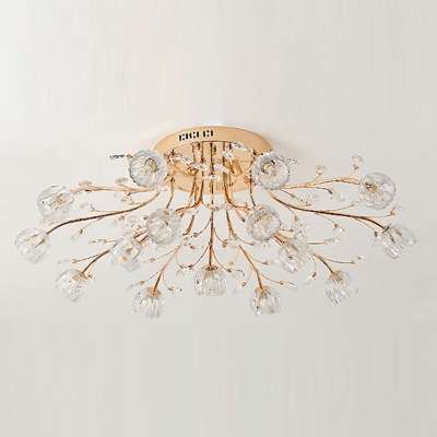 Ribbed Glass Flower Semi Flush Chandelier Contemporary Hotel Ceiling Mount Light in Gold