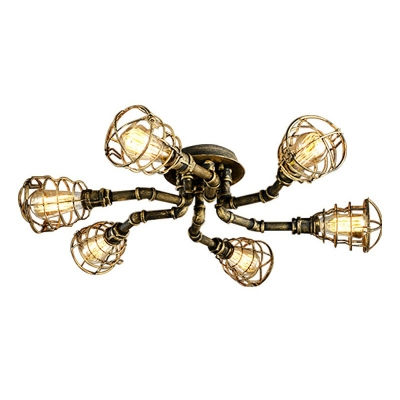 Semi Flush Light Warehouse Iron Piping Ceiling Light with Cage Shade for Corridor