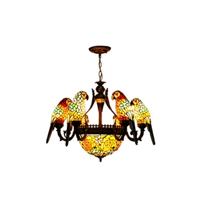 Tiffany Style Wrought Iron Chandelier Parrot Pendant Light Colorful Glass Shade Light for Sitting Room