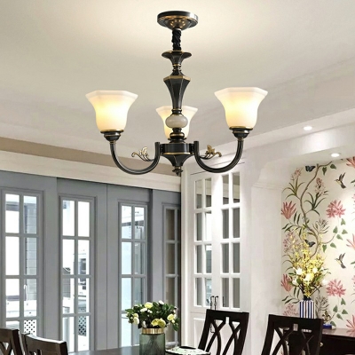 3-Head Suspension Light Bell Shape Glass Country Living Room Ceramics Chandelier in Black-Gold