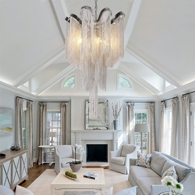 4 Bulbs Metal Chain Chandelier Lighting Art Deco Aluminum Shade Pendant Light for Living Room