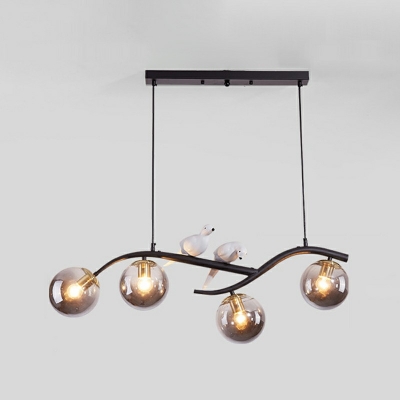 4 Heads Modern Wrought Iron Island Light Fixture Metal Hanging Light Glass Shade for Living Room