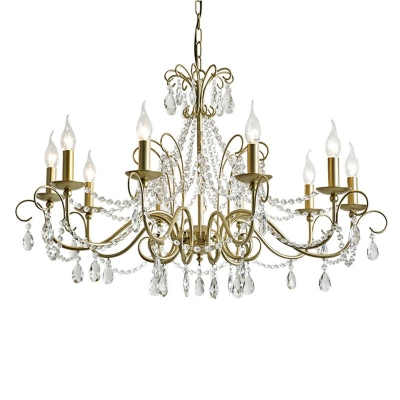 American Style Clear Crystal Drops Chandelier Light Gold Candlestick Pendant Light Fixture for Living Room