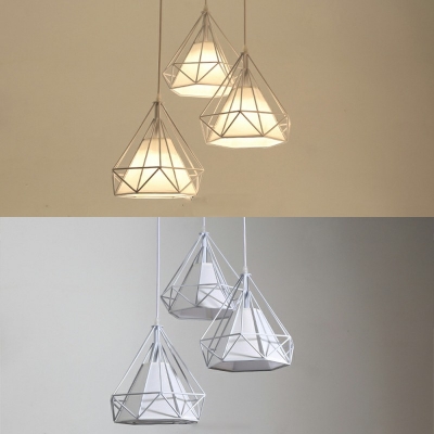 Contemporary Diamond Form Pendant Industrial Living Room Bedroom 3 Bulb Fabric Shade Hanging Lamp