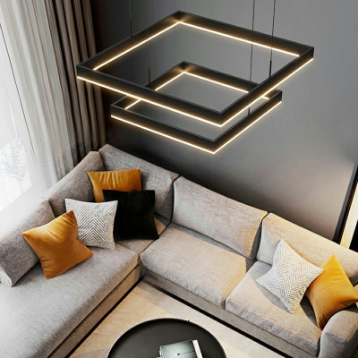 Minimalist 2-Tier Chandelier Pendant Light Black Metal Square Chandelier for Modern Living Room