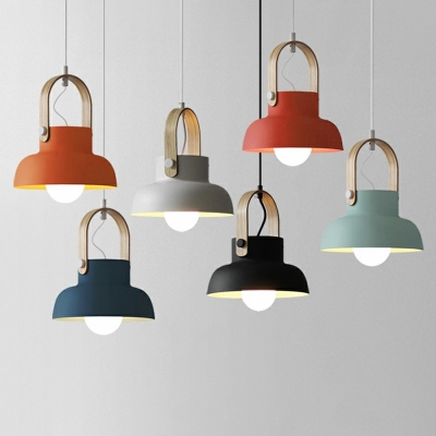 Nordic Style Macaron Hanging Light Wood Handle Metal Pendant Light for Bar Coffee Shop