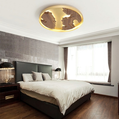 Round Flush Mount Light Fixture Modern Dimmable Wood and Iron Shade LED Bedroom Lamp