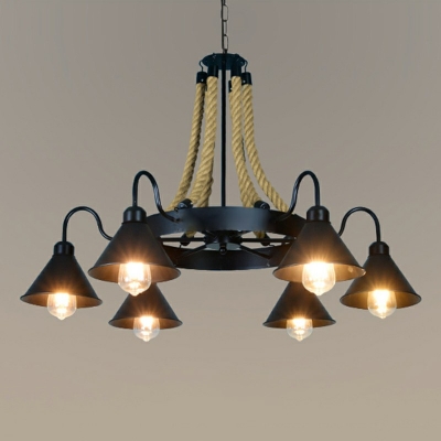 Rustic Style Rope Hanging Light Black Cone-Shaped Chandelier Lamp Restaurant Suspension Light