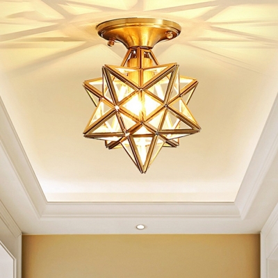 Star Metal Semi-Flushmount Light Colonial Style Triangle Glass 1-Head Ceiling Light in Gold