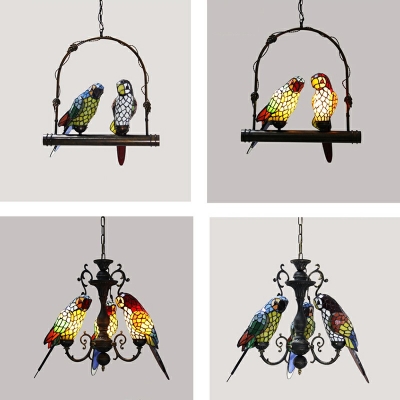 Tiffany Style Wrought Iron Chandelier Parrot Pendant Light Colorful Glass Shade Light for Sitting Room