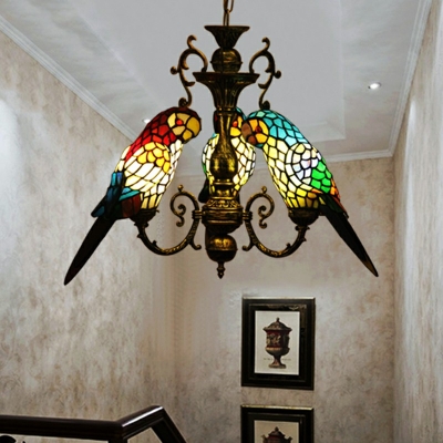 Tiffany Style Wrought Iron Chandelier Parrot Pendant Light Colorful Glass Shade Light for Sitting Room