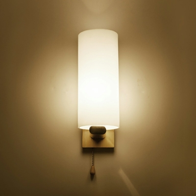 1-Head Bedside Pull Chain Sconce Light Simple Wall Light with Cylinder White Glass Shade in Wood
