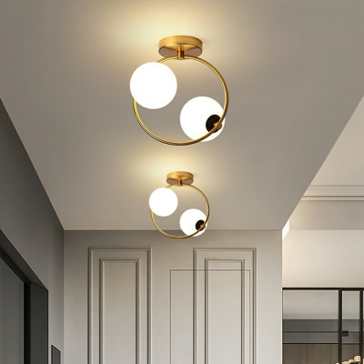 2 Lights Globe Flush Ceiling Light Simple Style Opal Glass Ceiling Lamp in White with  Metallic Ring