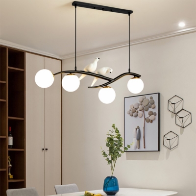 4 Heads Modern Wrought Iron Island Light Fixture Metal Hanging Light Glass Shade for Living Room