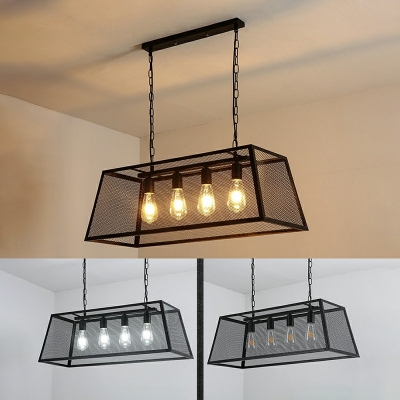 4 Lights Trapezoid Island Chandelier Industrial Lights Rectangle Hanging Mesh Lamp Wire Cage